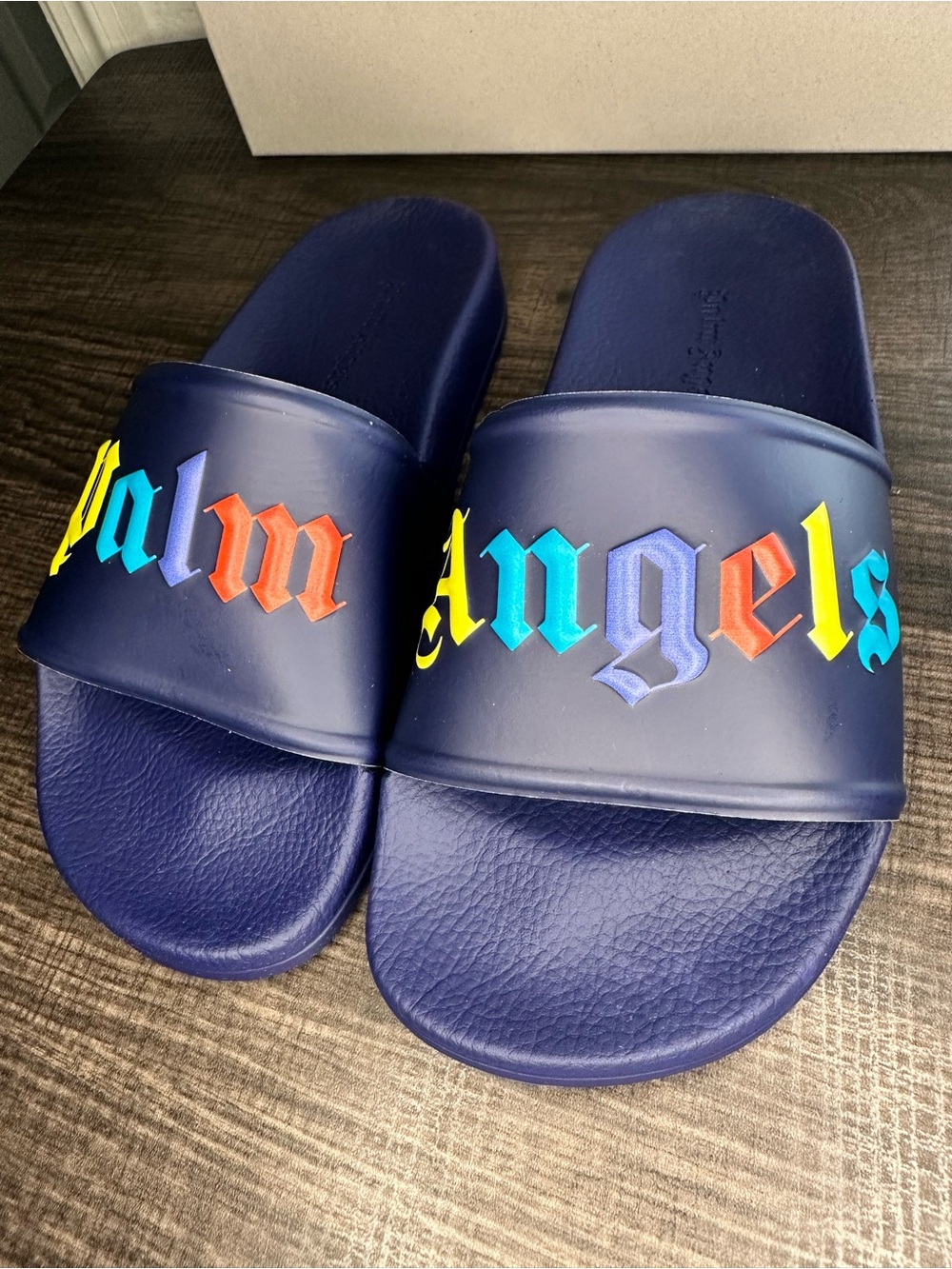 Palm Angels kids Navy Slide Sandals with Rainbow Lettering